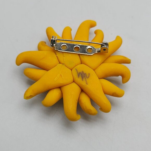 Vintage Handmade Yellow Smiling Sun Clay Brooch Artist Made - Picture 3 of 4